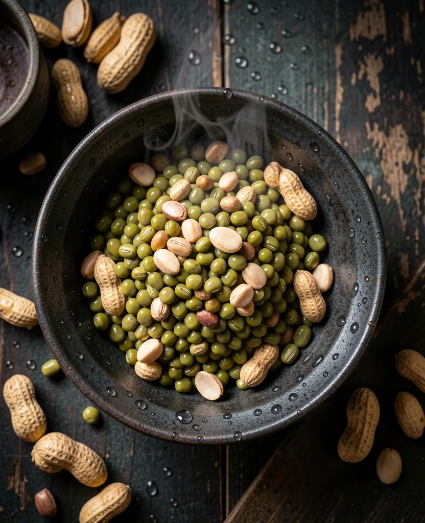 Kacang hijau dan kacang tanah rebus di atas piring