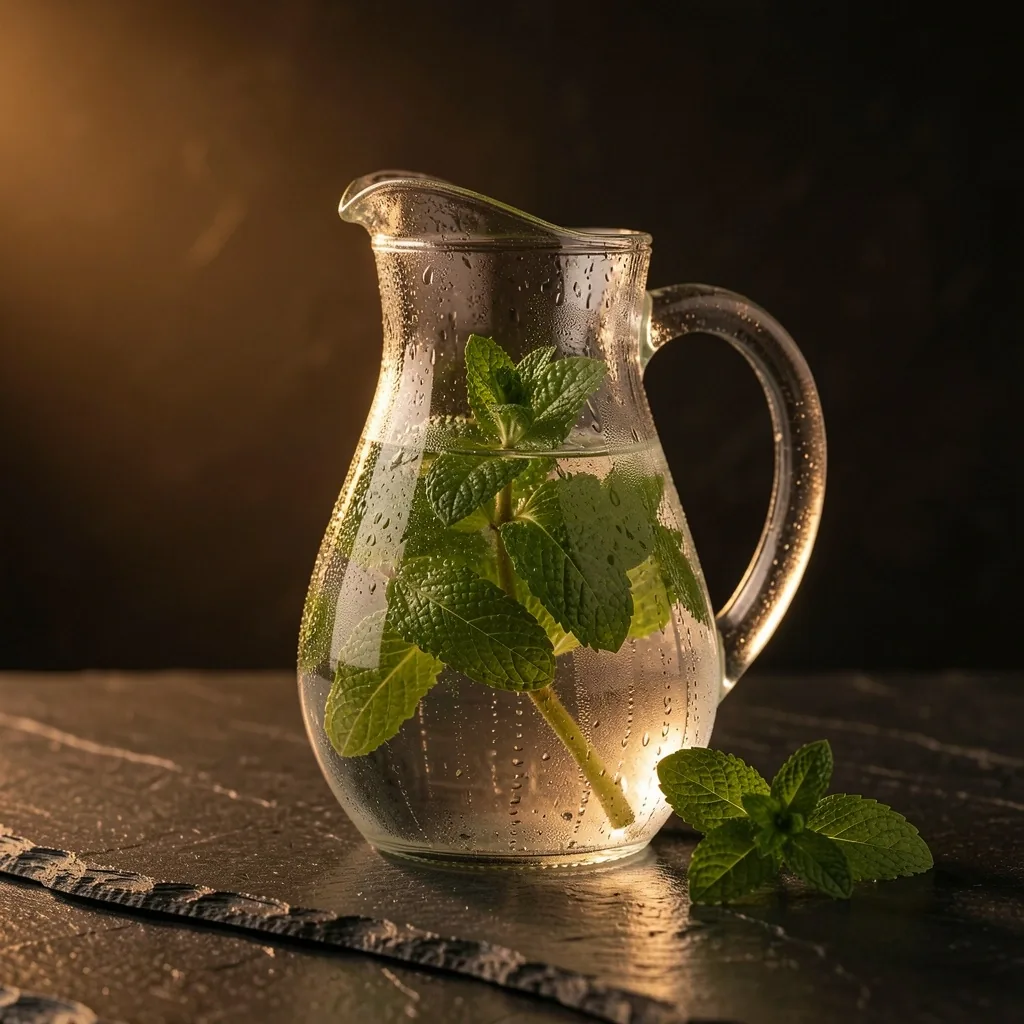 Gelas air putih dengan daun mint di atas batu gelap