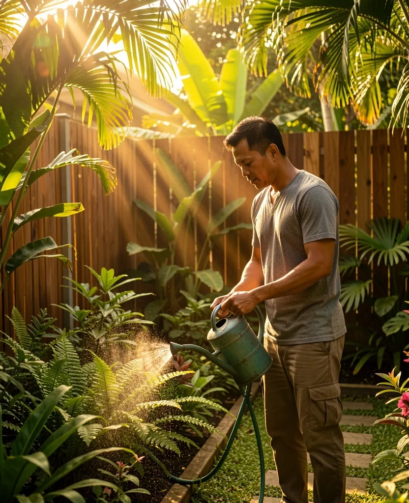 Pria berkebun di bawah sinar matahari pagi