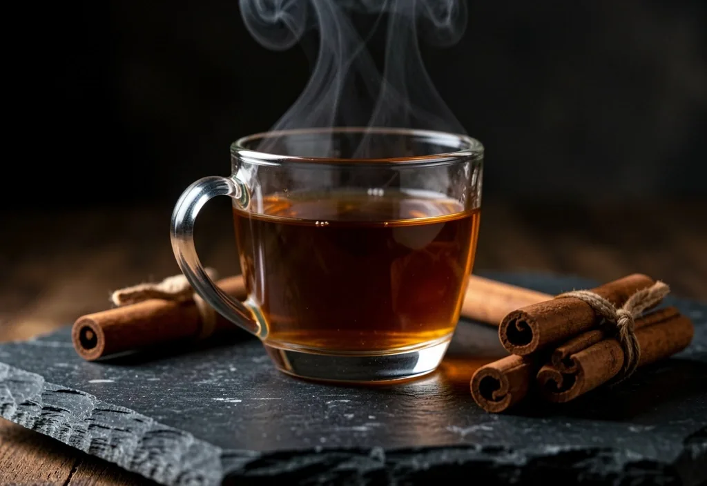 Segelas minuman hangat jahe dan kayu manis di atas meja batu gelap