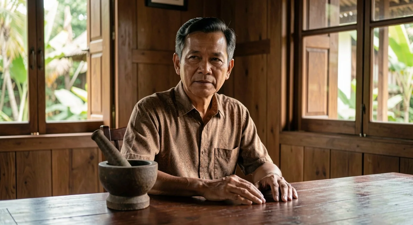 Pria Indonesia usia matang dengan ekspresi tenang dan fokus