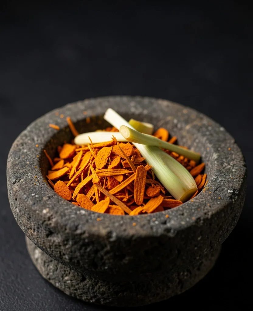 Susunan bahan herbal Indonesia di atas permukaan gelap
